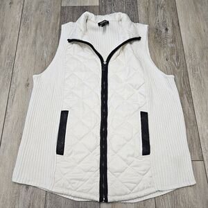 Jones Of New York Zippered Quilted Sweater Vest White Black Women's Large